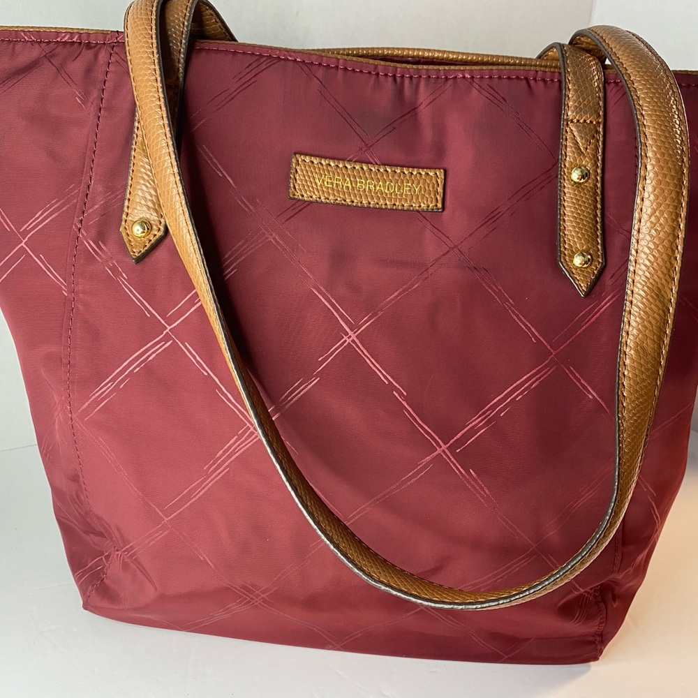Vera Bradley Retired Lighten Up Tote - Burgundy with Tan Leather Straps